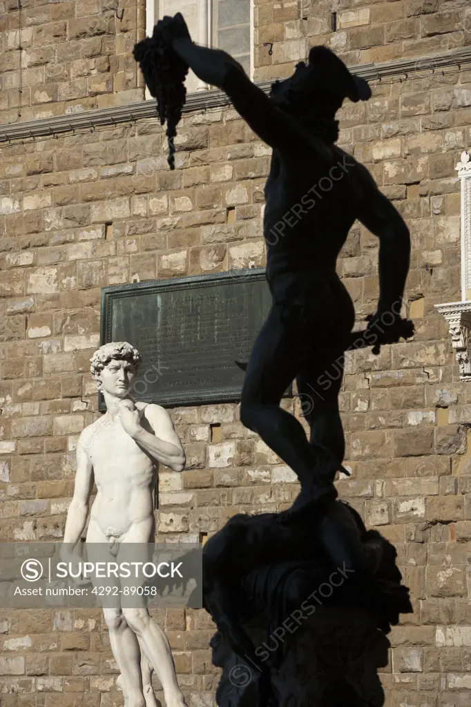 Tuscany, Florence, Piazza della Signoria, David of Michelangelo and Cellini's Perseus