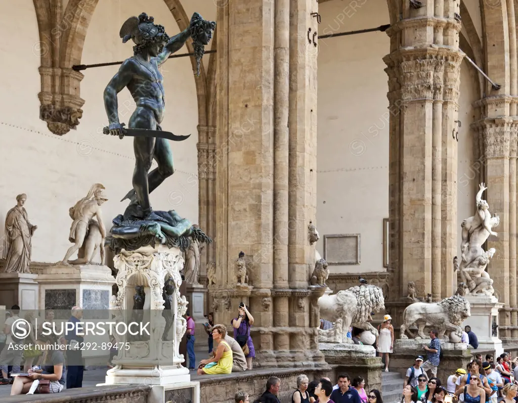 Italy, Tuscany, Florence, Signoria Square, Lanzi's Loggia, Perseus, artist Benvenuto Cellini, bronze statue, Medusa Gorgon