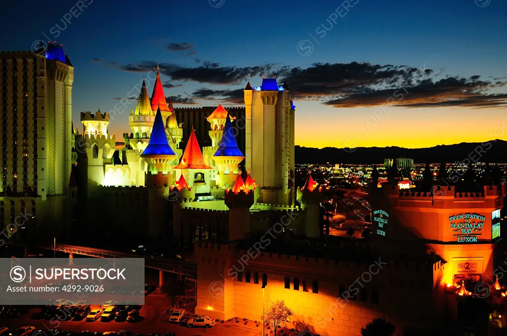 USA, Nevada, Las Vegas, Casino Excalibur at Sunset