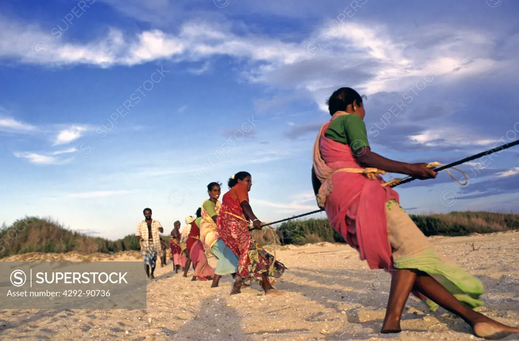 India, women pulling net on beach