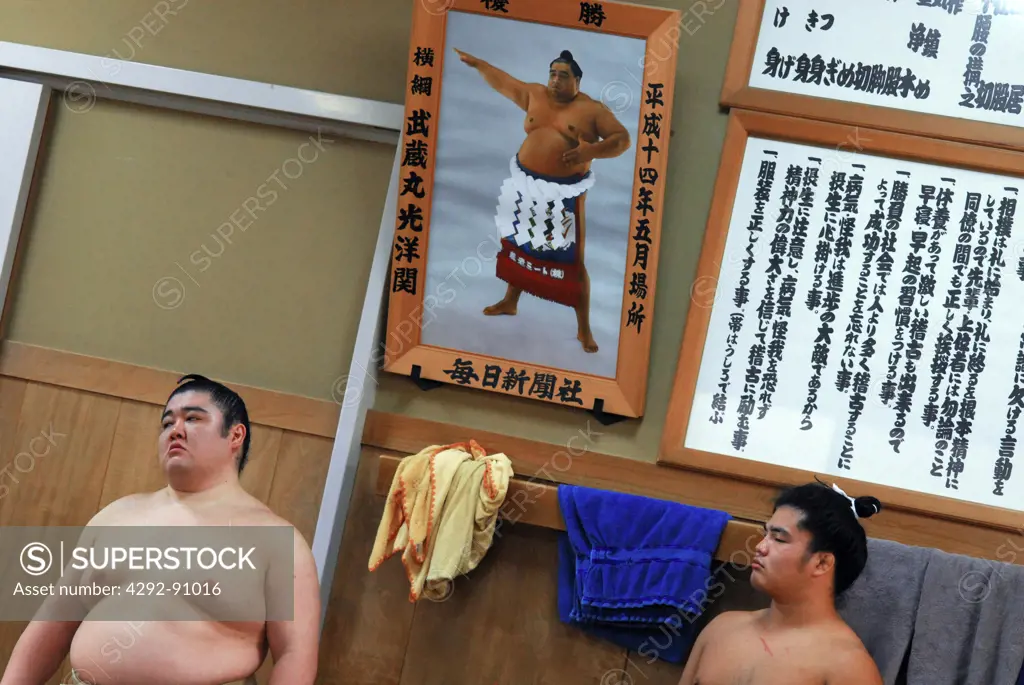 Japan, Tokyo, two Sumo Wrestlers at training