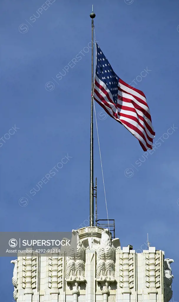 California, San Francisco,South Market district, American flag