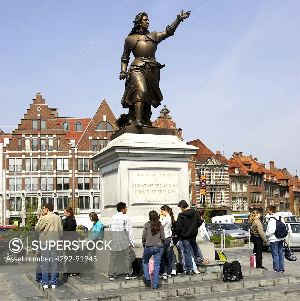 Belgium. Hainaut province, Tournai , the statue of Christine de la Laing princess Despinoy ( 1581 ) in the main square