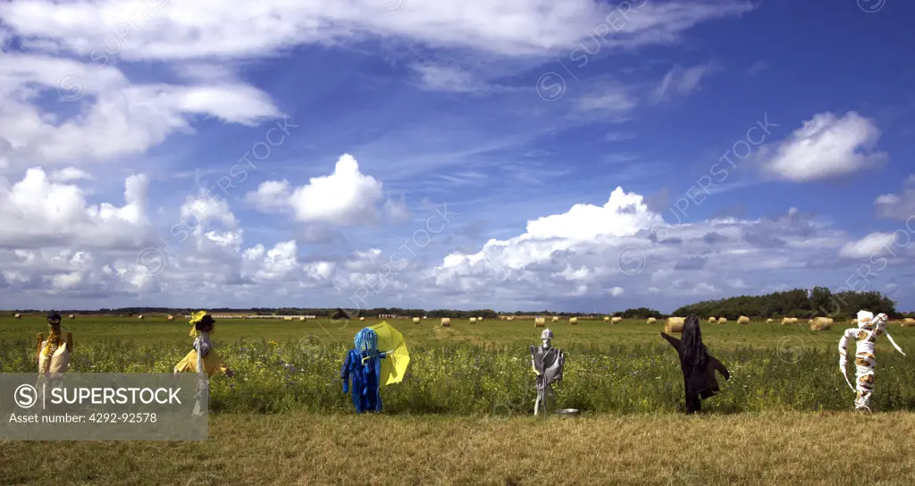 Germany, North Sea, Schleswig-Holstein, Sylt island meadows Polder: scarecrows