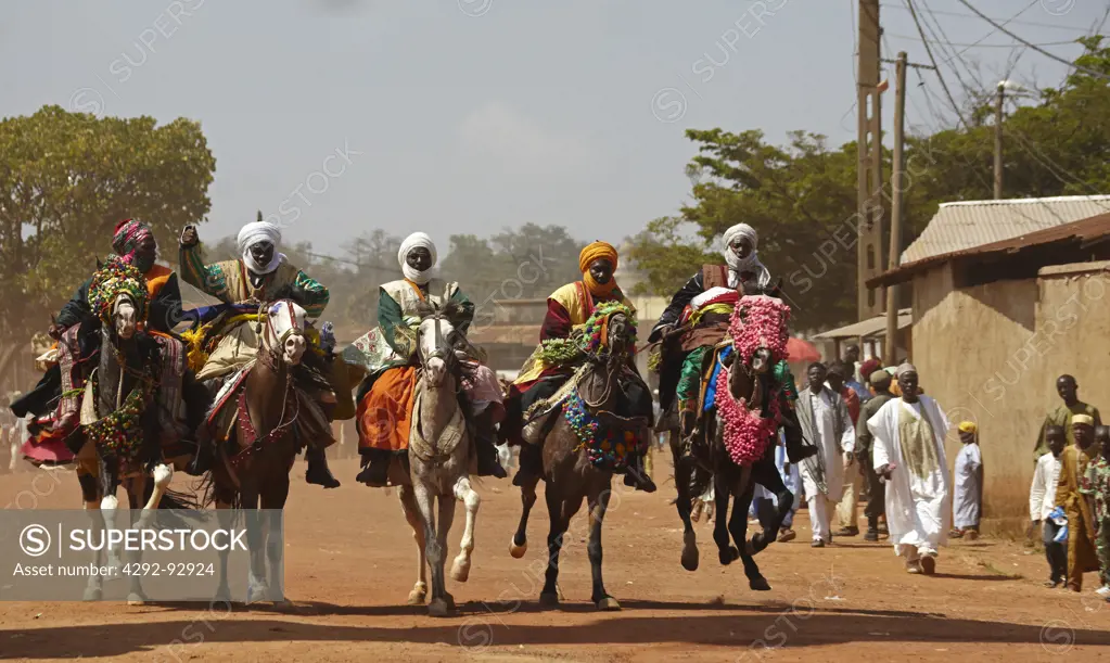 Africa, Cameroon, Adamaoua,Ngaoundere town, horse fantasia in the main street