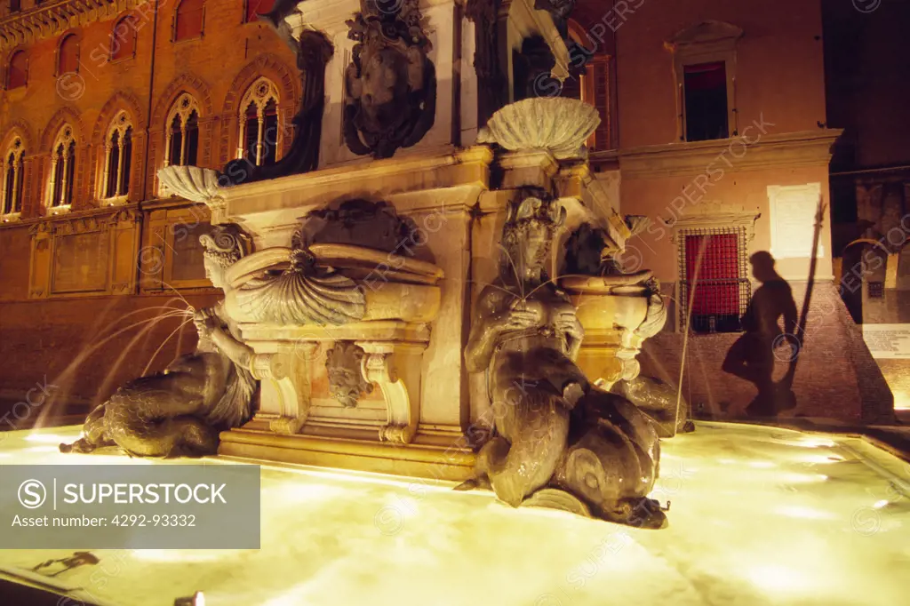 Italy, Emilia Romagna, Bologna, Neptune fountain detail in Piazza Maggiore