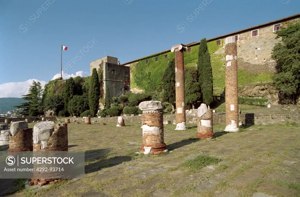 Italy, Friuli Venezia Giulia, Trieste, San Giusto, Columns at the Roman Basilica Ruins.