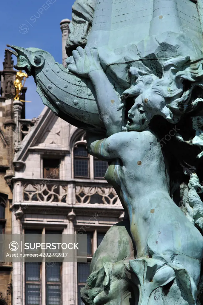 Belgium, Flanders, Antwerp, Grote Markt, detail Brabo Fountain