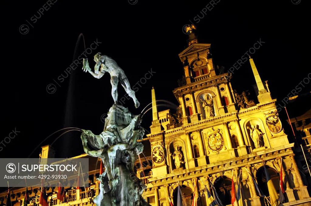 Belgium, Flanders, Antwerp. Grote Markt, Brabo Fountain at Night