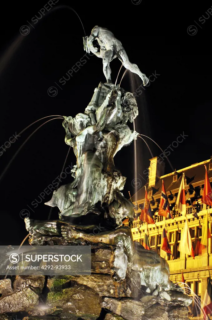 Belgium, Flanders, Antwerp, Grote Markt, Brabo Fountain at Night