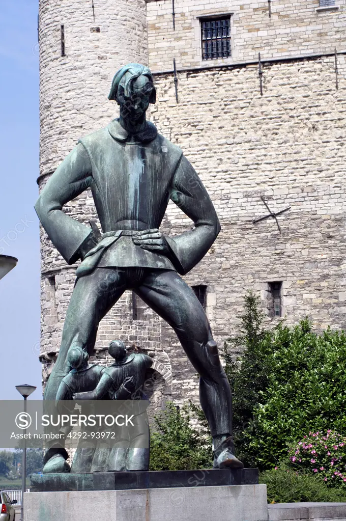 Belgium, Flanders, Antwerp, Lange Wapper statue in front of Het Steen Castle