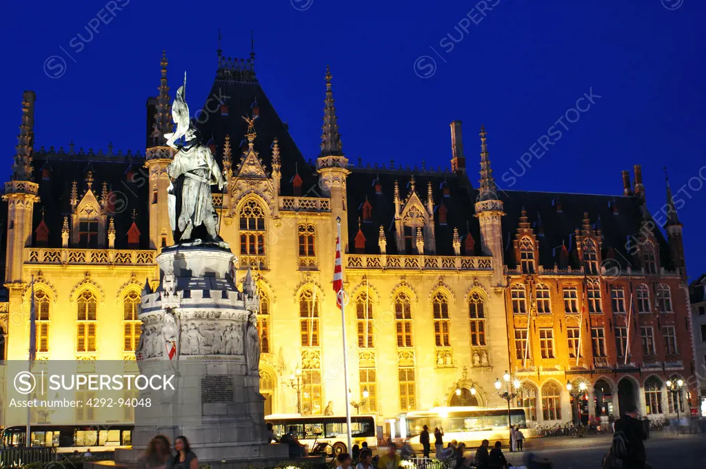 Belgium, Flanders, Bruges, Market Square, Breydal and Coninck Monument background Provincial Government Palace