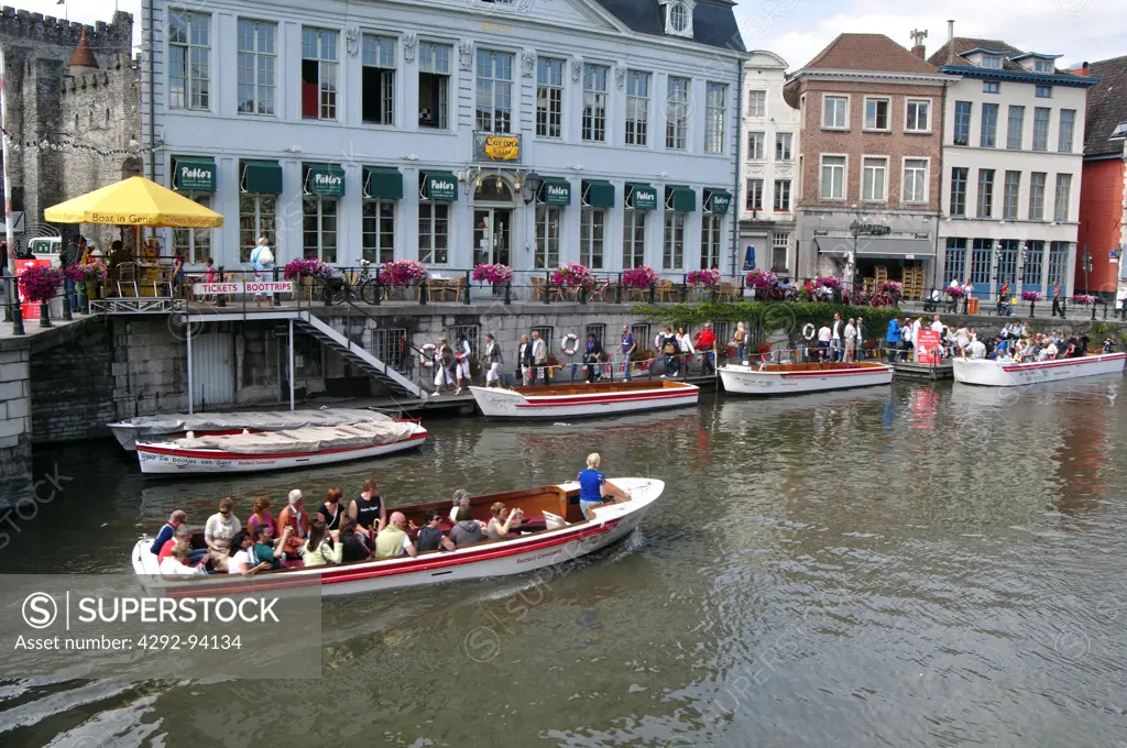Belgium, Flanders, Ghent, River Leie, Tourists Boat