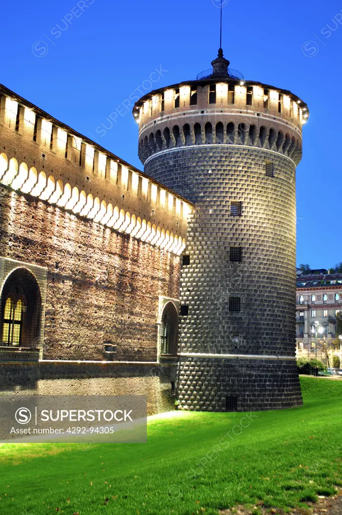 Italy, Lombardy, Milan, the Sforzesco Castle at Dusk