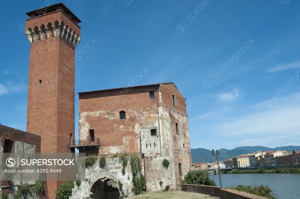 Italy, Tuscany, Pisa, Arno River, The Guelph Tower and Medici Citadel