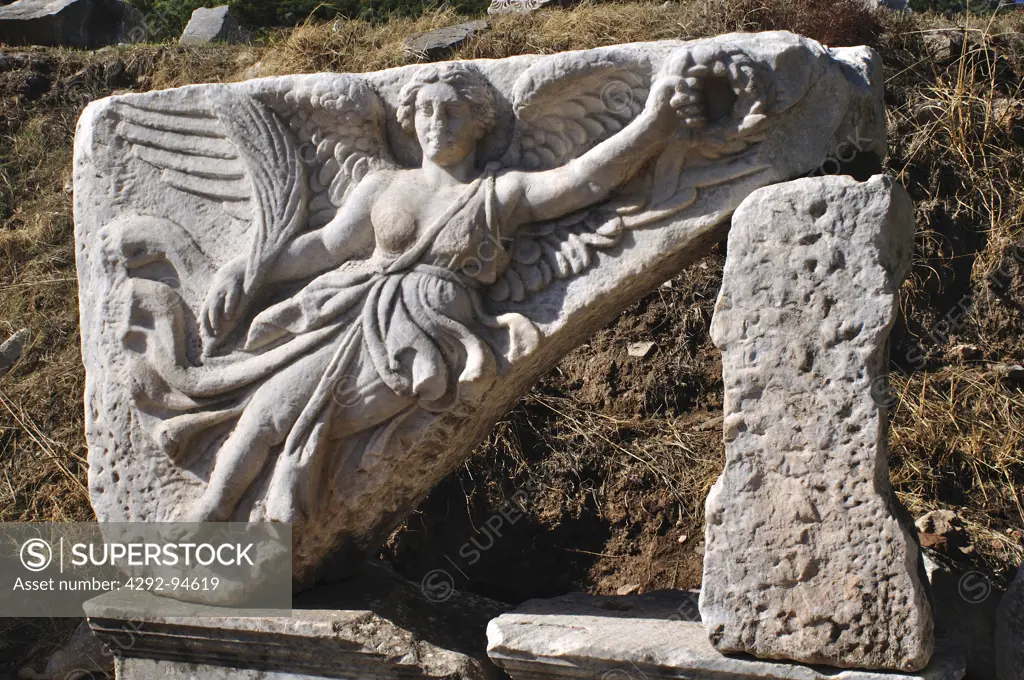Turkey, Kusadasi, Ephesus, Historic Roman ruins, Relief Sculpture of Nike, the goddess of victory at Ephesus