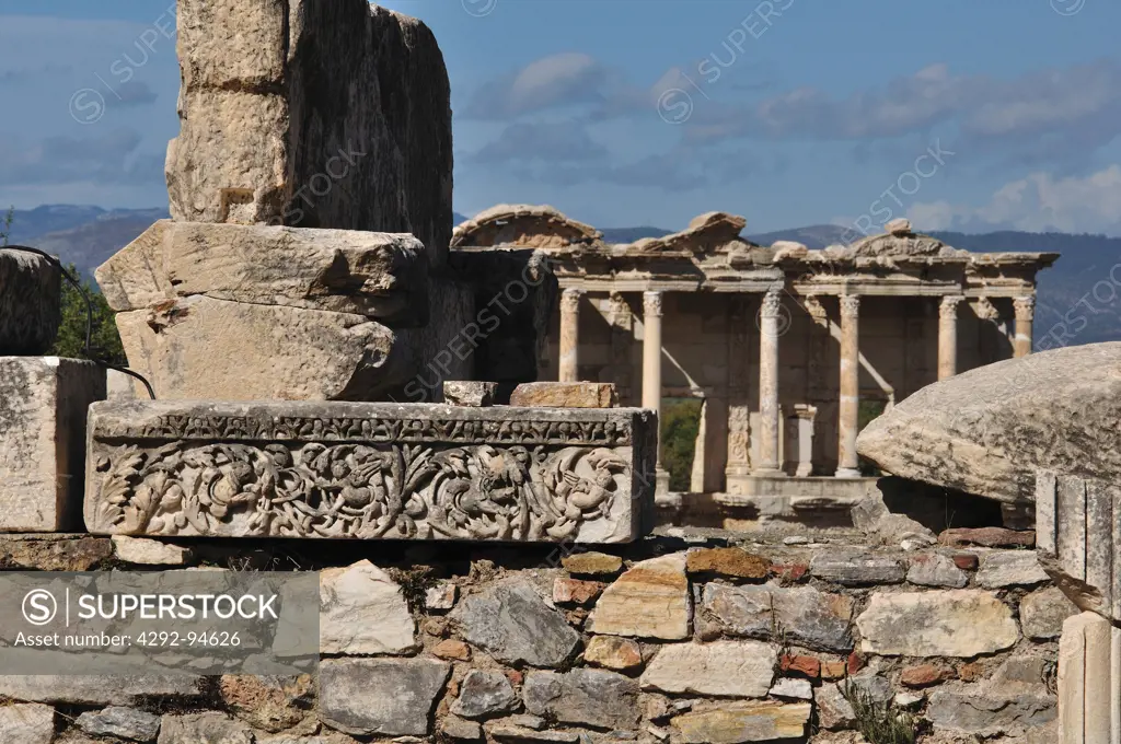 Turkey, Kusadasi, Ephesus, Historic Roman ruins, Stone carving