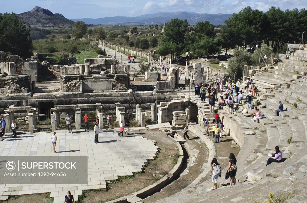 Turkey, Kusadasi, Ephesus, Historic Roman ruins shoiwng the Great Theatre