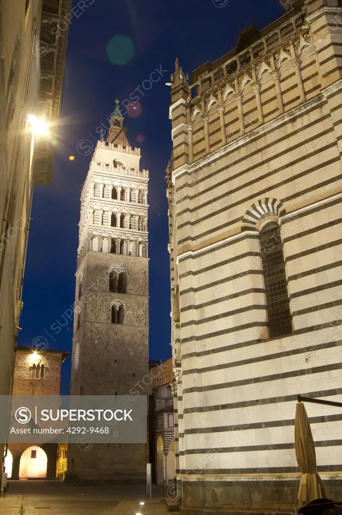 Italy, Tuscany, Pistoia, Piazza Duomo, Belfry San Zeno Cathedral at Night