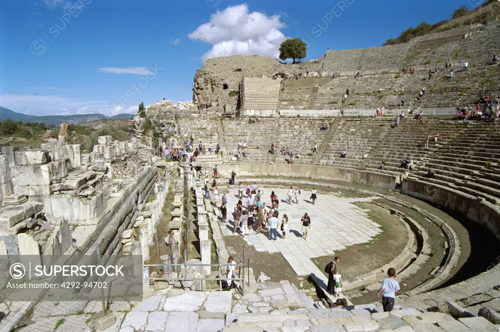 Turkey, Ephesus, Historic Roman ruins shoiwng the Great Theatre