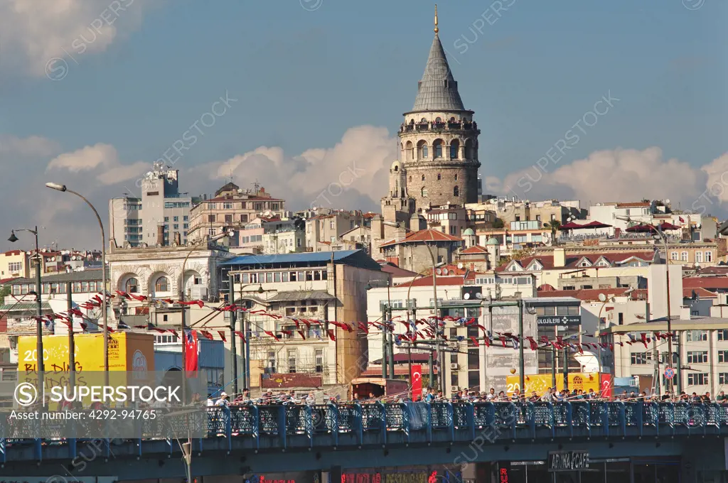 Turkey, Istanbul, View of the Galata Bridge background Galata Tower on the Golden Horn