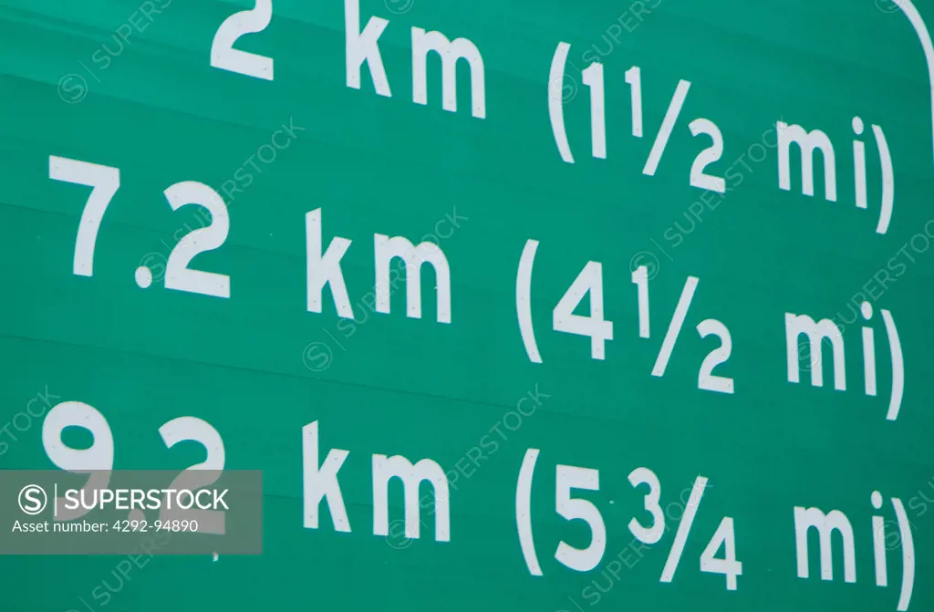 Highway sign with dual US and metric distances