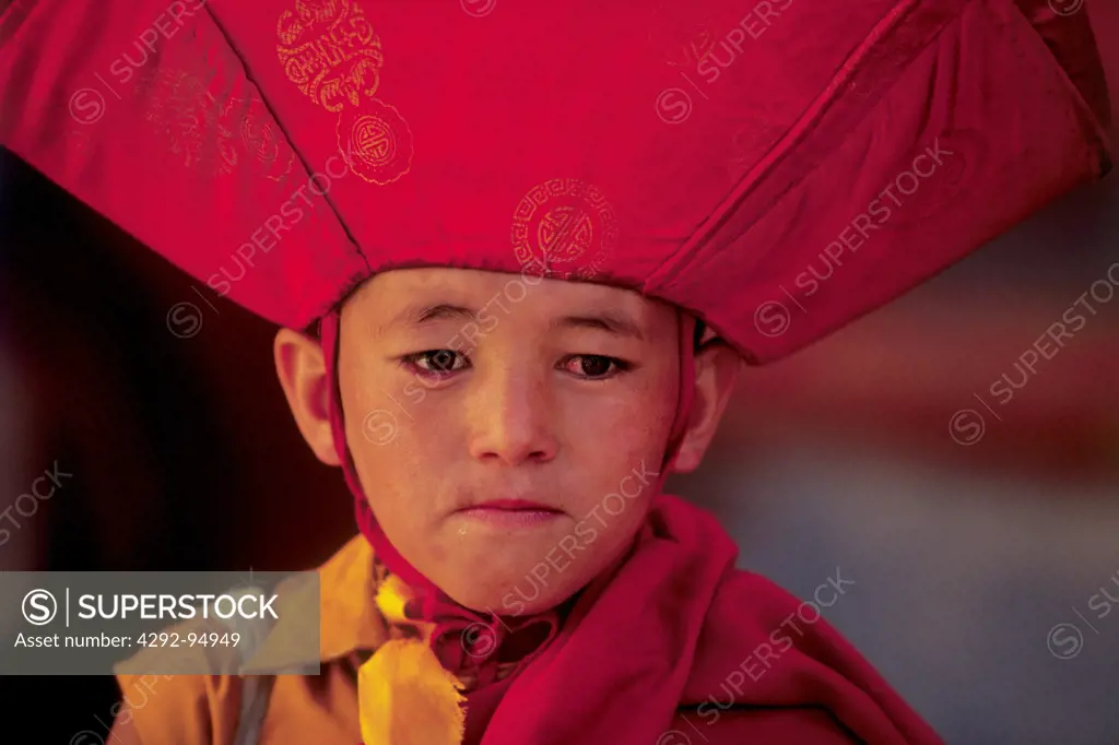 India, Jammu and Kashmir, Ladakh, Lamayuru monastery, portrait of a child monk