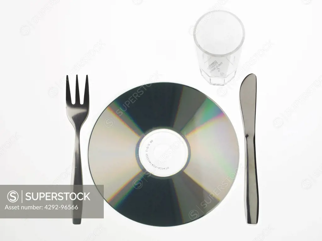 Compact disc fork, knife and glass
