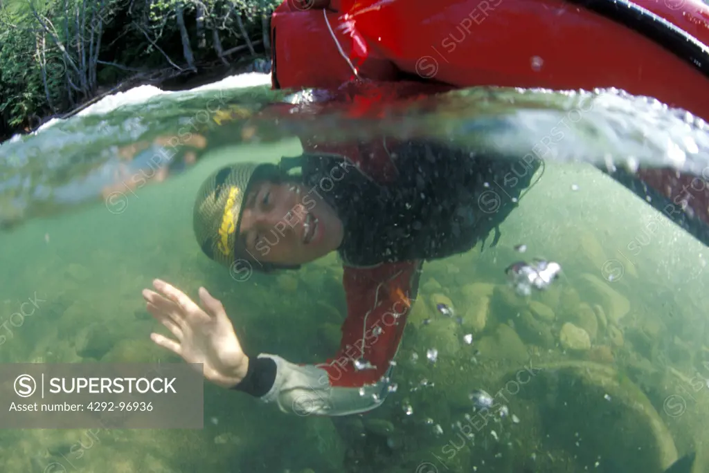 Canada, British Columbia, kayaker underwater
