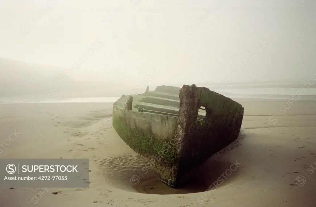 France, Normandy, operation overlord, wreck of a landing craft on the beach