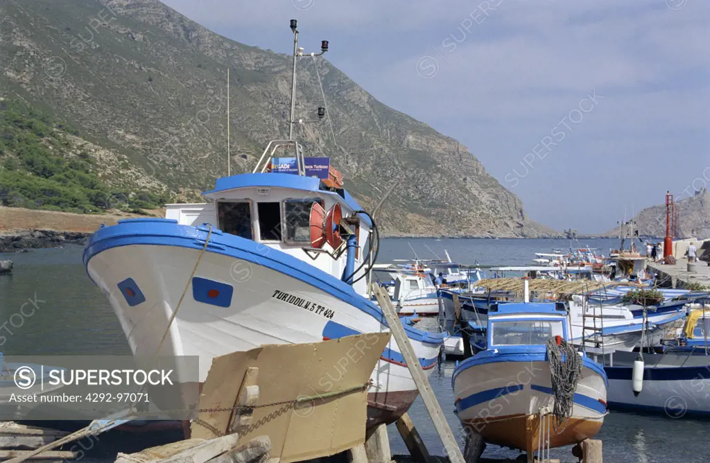 Italy, Sicily, Egadi Islands, Marettimo, fishing boat and harbor
