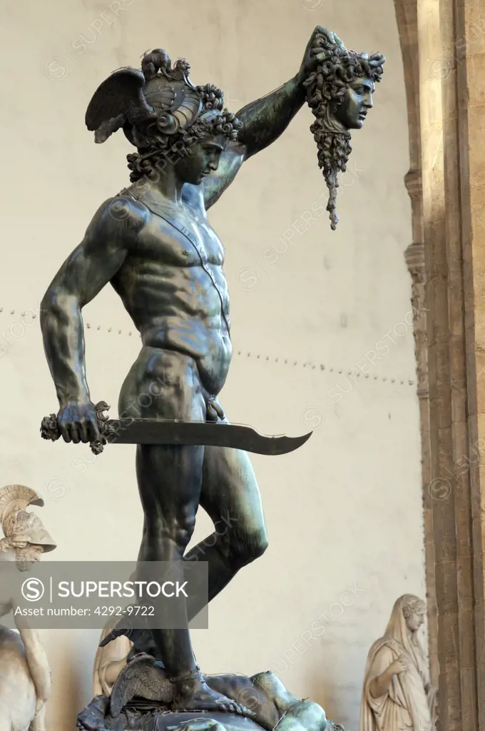 Italy, Tuscany, Florence, Piazza della Signoria, Loggia dei Lanzi, Cellini Bronze Statue of Perseus