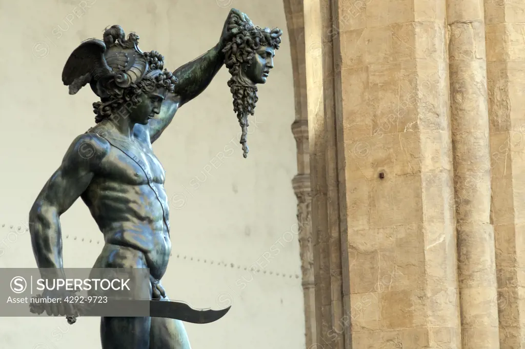 Italy, Tuscany, Florence, Piazza della Signoria, Loggia dei Lanzi, Cellini Bronze Statue of Perseus