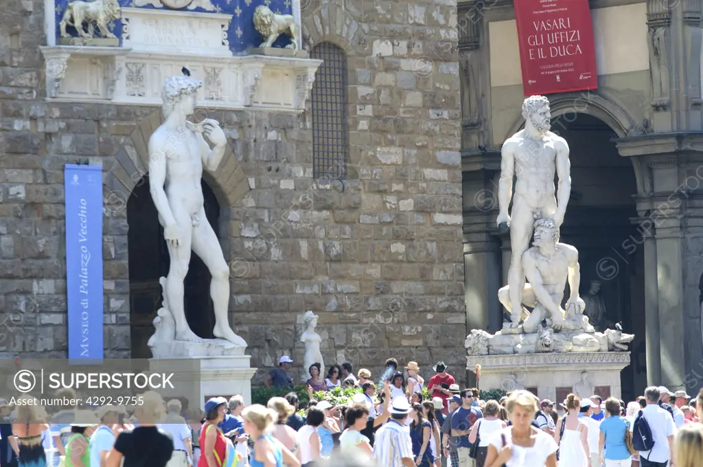 Italy, Tuscany, Florence, Signoria Square, David Michelangelo and Hercules and Cacus Made By Baccio Bandinelli