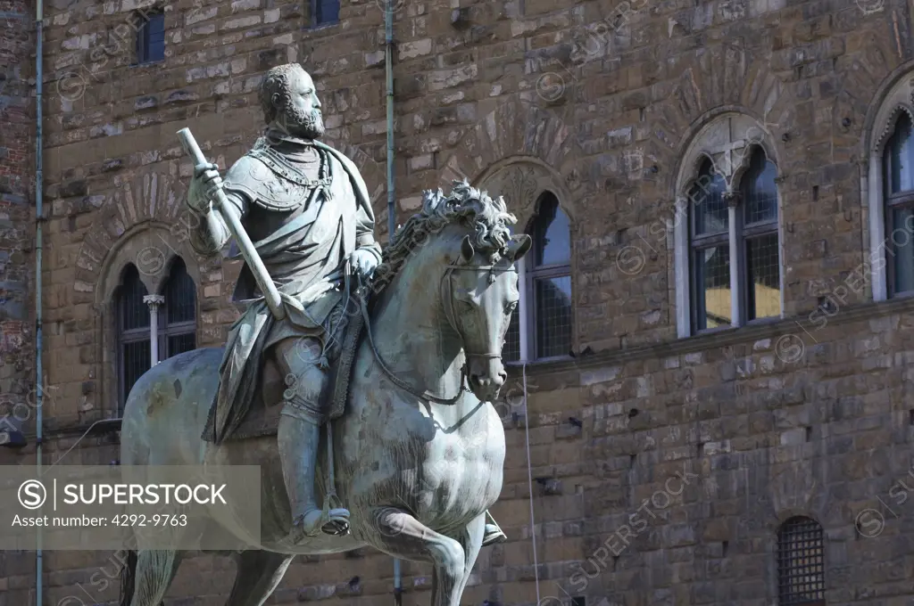 Italy, Tuscany, Florence, Piazza della Signoria, Statue of Grand Duke Cosimo I Made By Giambologna