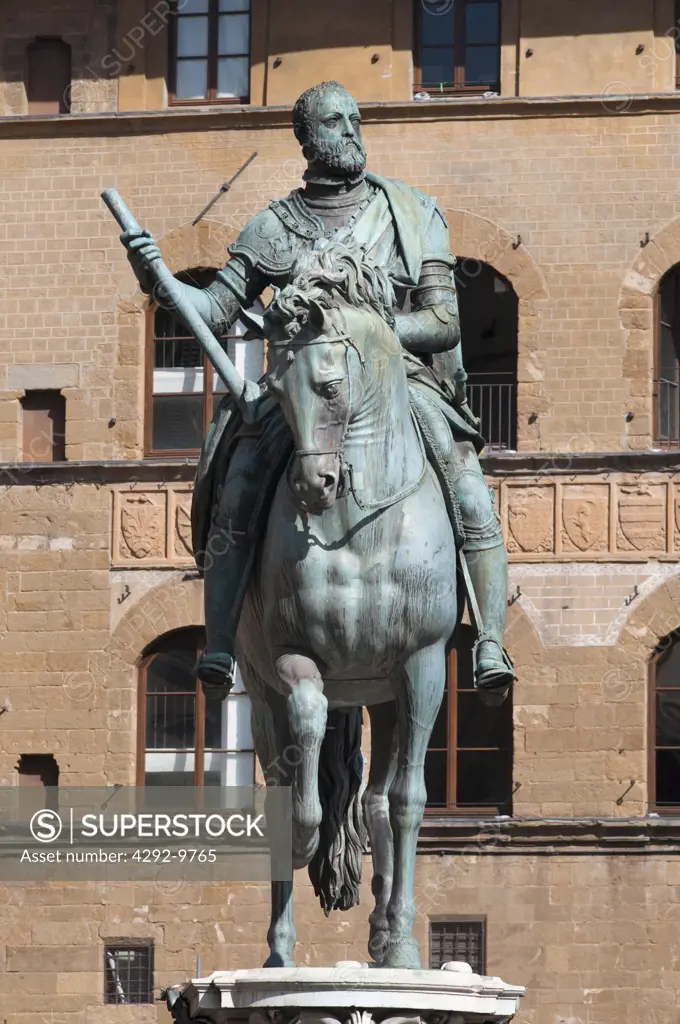 Italy, Tuscany, Florence, Piazza della Signoria, Statue of Grand Duke Cosimo I Made By Giambologna