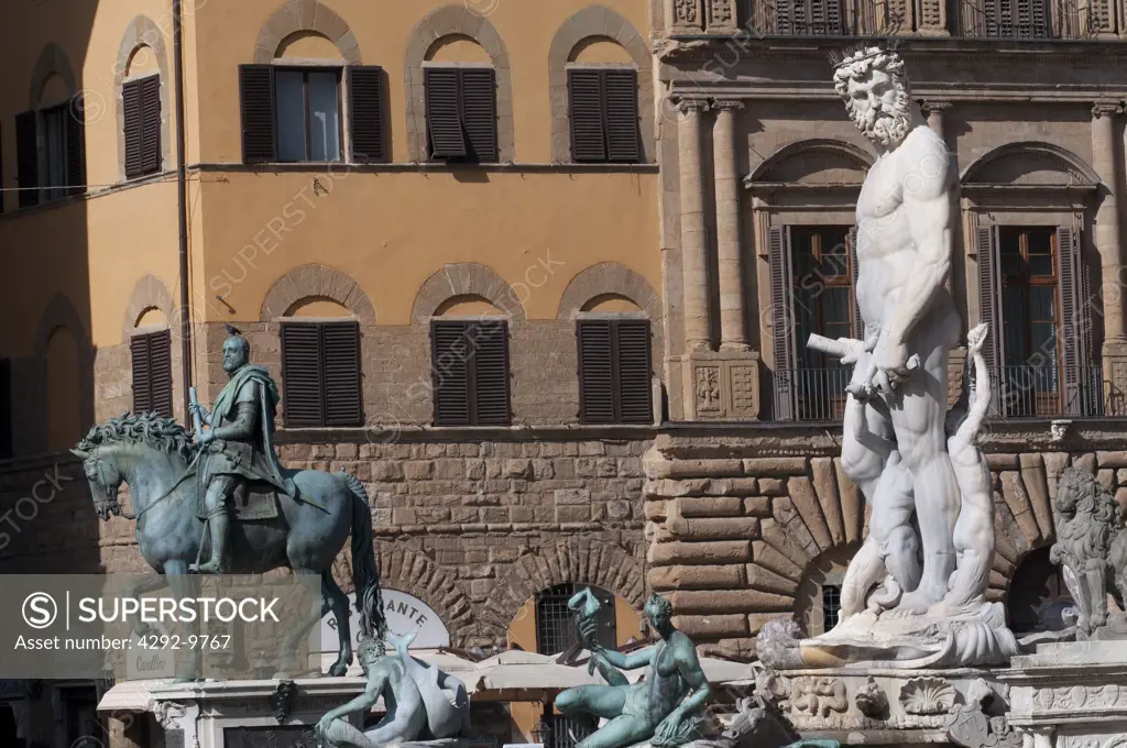 Europe, Italy, Florence, Piazza Signoria, Ammanati Fountain and Nettuno Statue background Statue of Grand Duke Cosimo I Made By Giambologna