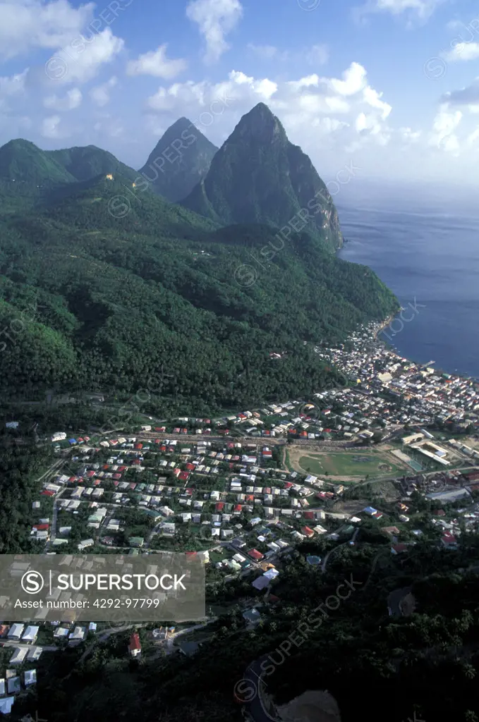 Aerial view of St. Lucia. Soufriere and the Pitons