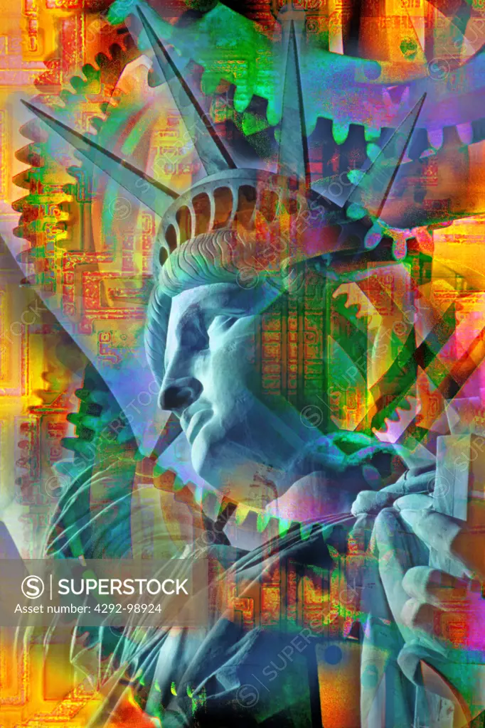 Statue of Liberty surrounded colourful by gears and computer chip patterns (digital composite)