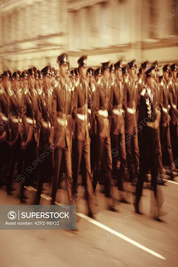 Parade of russian soldiers marching in St. Petersburg, Russia