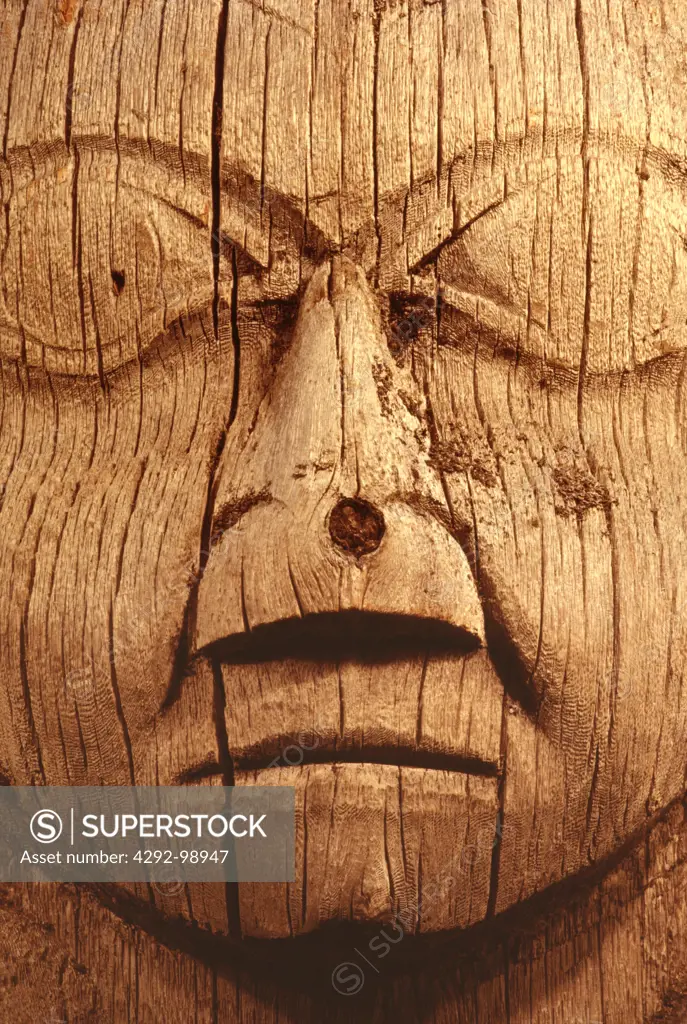 Close up of a wood totem face, totem heritage- cultural center, Ketchikan, Alaska, USA