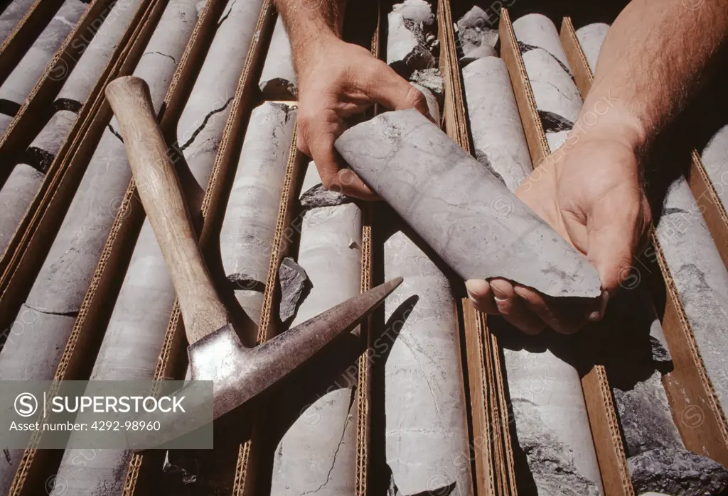 USA, New Mexico, geologist holding rock cores
