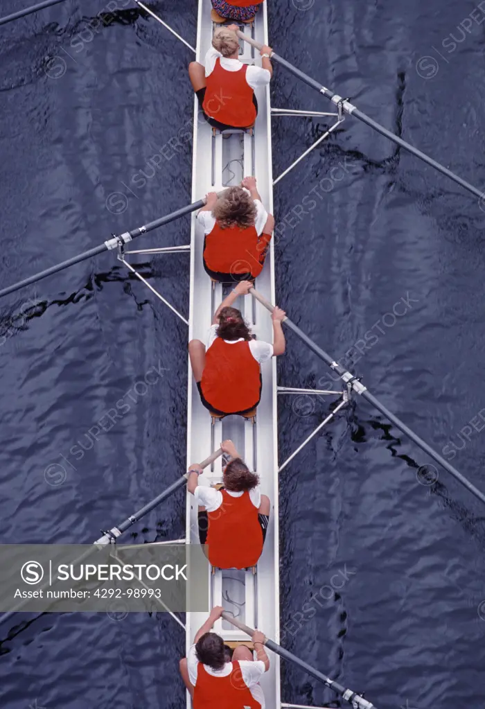 Overhead view of an all woman crew shell boat rowing race, Washington, USA