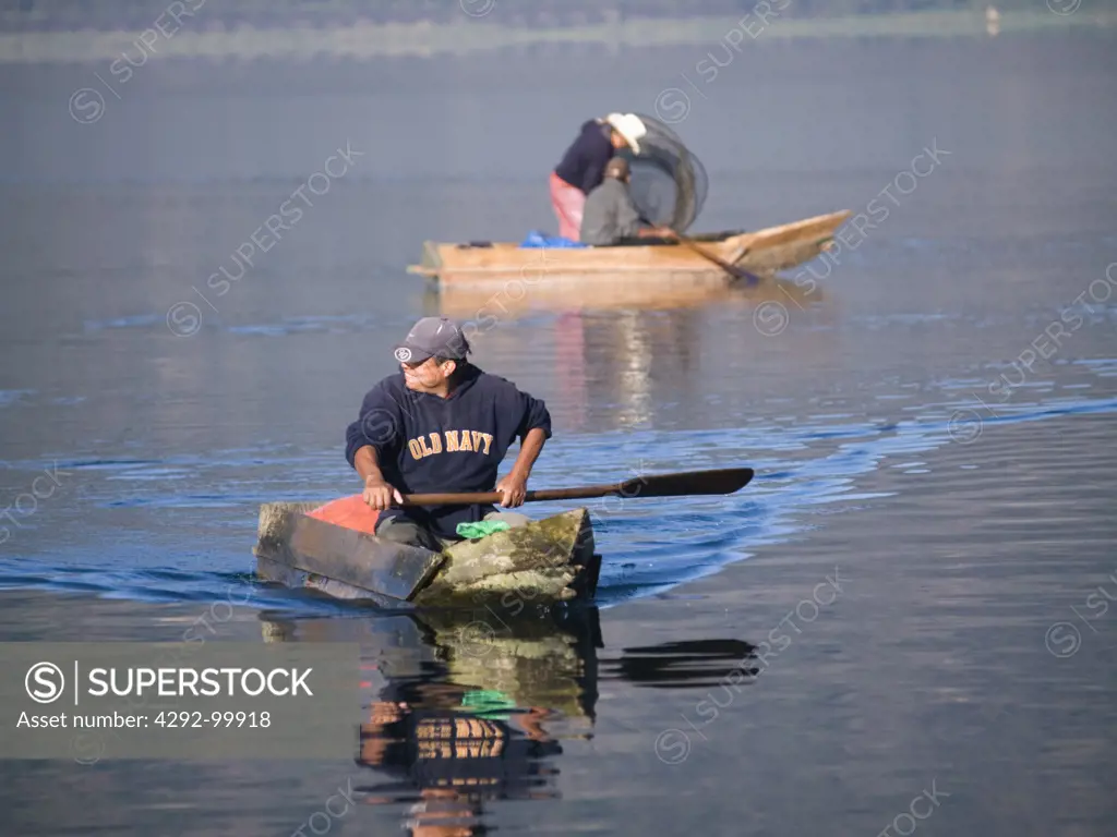 Fishermen at work on Lake Atitlan in Santiago Atitlan, Guatemala
