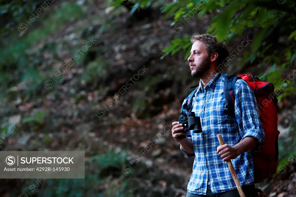 Man trekking in forest