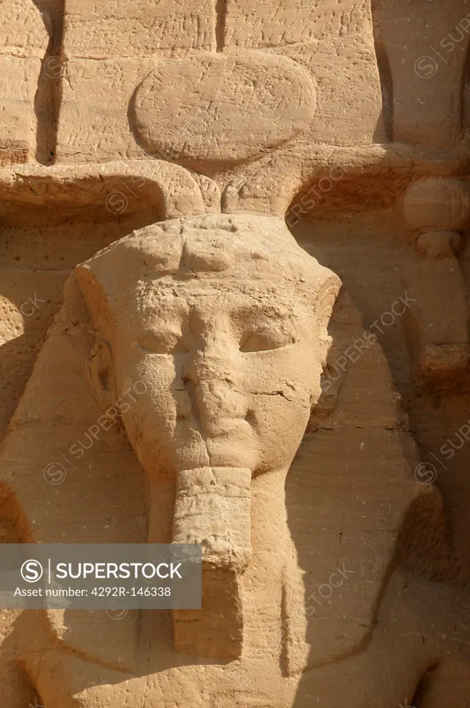 Egypt, Abu Simbel, the temple of Nefertari dedicated to Hathor, statue of Nefertari on the frontage of the temple