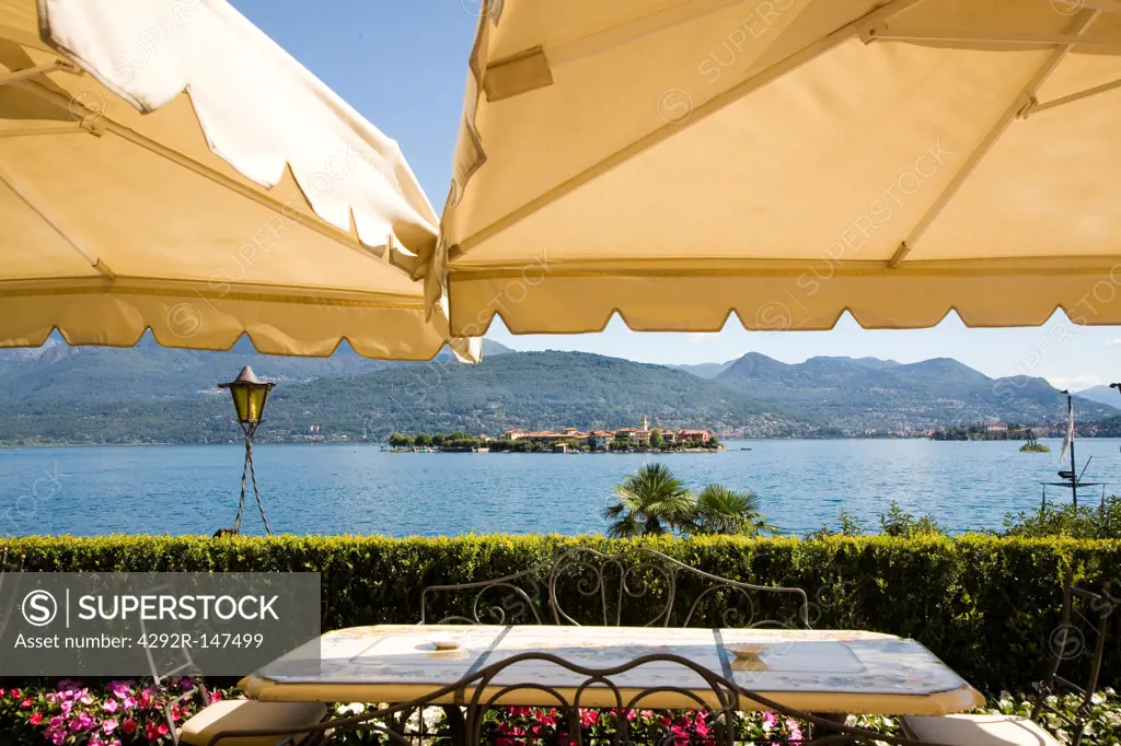 Italy, Piedmont, Stresa , Isola dei Pescatori from hotel Villa Minta terrace