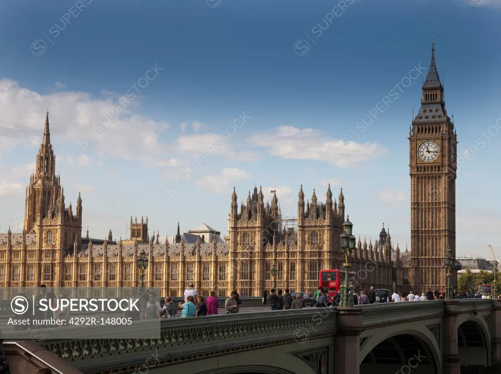 England, England, London, View of big ben and westminster bridge with thames river