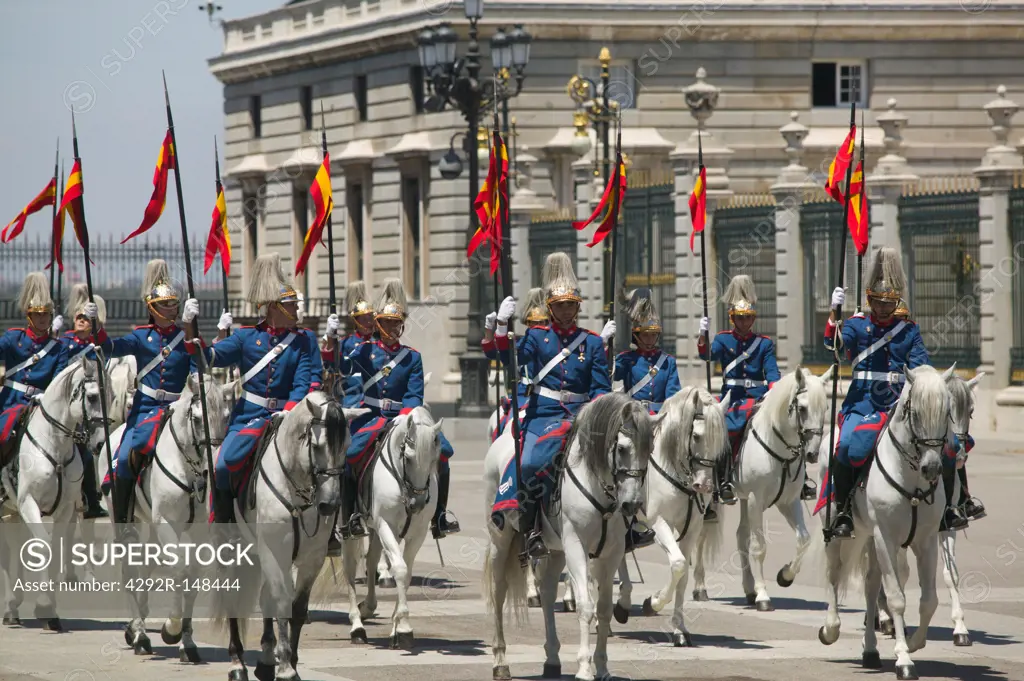Spain, Madrid, Palacio Real de Aranjuez. Soldiers horseback riding