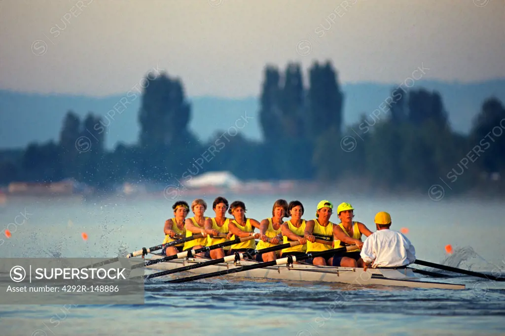 Women's eights rowing team in action
